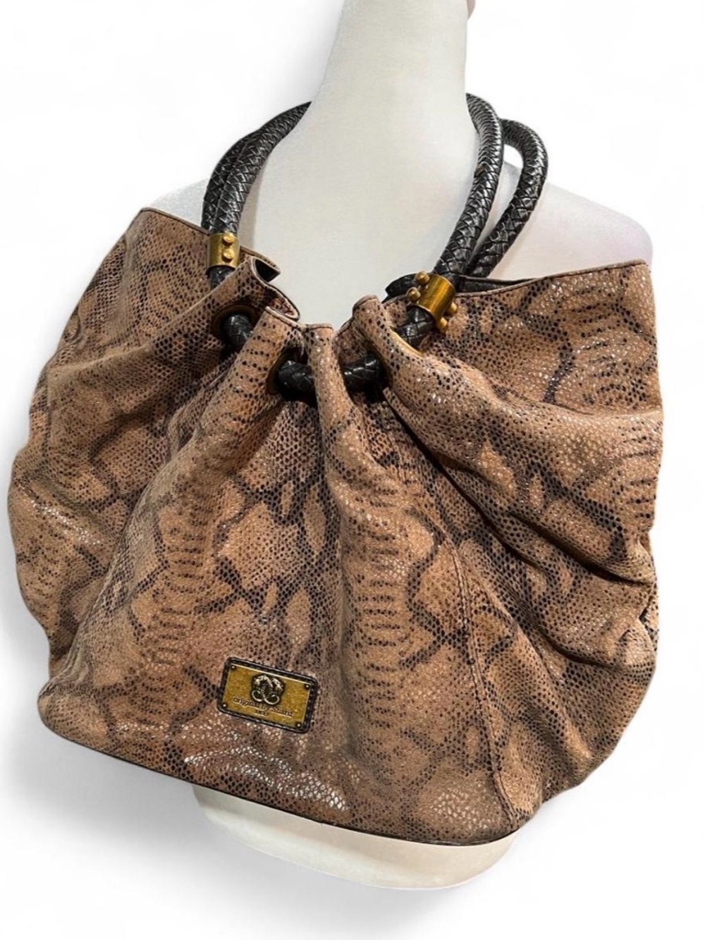 Vintage Y2K Sharif Brown Snake-Print Hobo Bag with Braided Handles